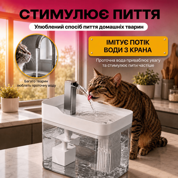 Питьевой фонтан для котов и собак 1,5L, поилка с фильтром и краном Белая PetsWater-1.5/WH фото