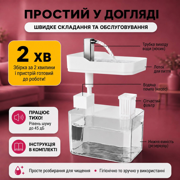Питьевой фонтан для котов и собак 1,5L, поилка с фильтром и краном Серая PetsWater-1.5/GR фото