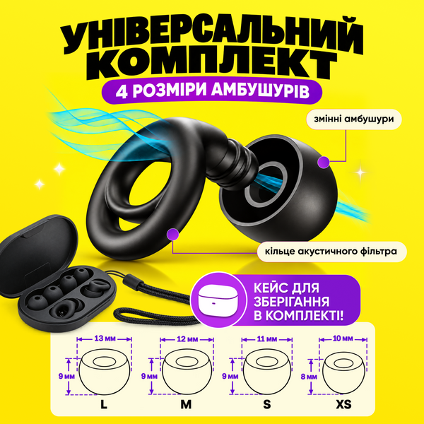 Беруші для сну та шумозаглушення силіконові з акустичним фільтром 18&ndash;28 dB та 4 розмірами амбушур XS/S/M/L + кейс EarTips фото
